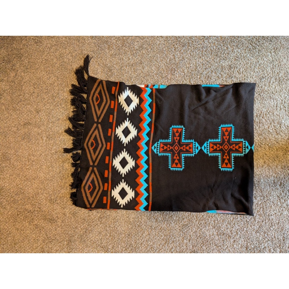Cowgirl Justice Western Southwestern Aztec Geometric Fringe Shawl Wrap Black